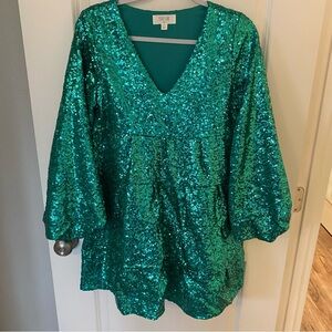 Peach Love California Green Sequin Tiered Midi Dress with Long Sleeves